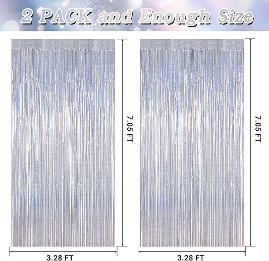 2 Pack New Year Party Decorations, 3.28 FT x 7.05 FT Glitter Silver Fringe Curtains, Metallic Party Streamer Tinsel Backdrop Foil Curtains, NYE Party Supplies Engagement Decor