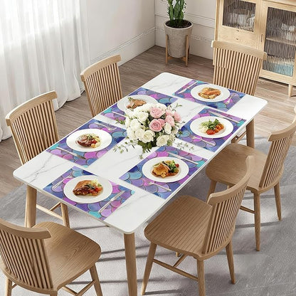 Glitter Fish Scales Placemat Set of 6,Mermaids Heat Resistant Linen Table Mats for Indoor Outdoor Home Kitchen Dining Room Table 12x18Inch