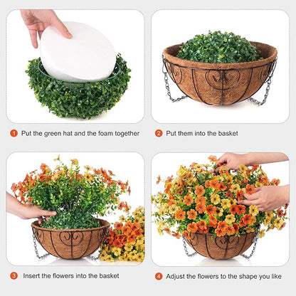 HyeFlora Artificial Fake Hanging Mums Plants Flowers Basket for Fall Autumn Outdoor Decor, Faux Silk Orange Dasiy Flower Look Real UV Resistant for Outside Porch Home Patio Garden Decoration