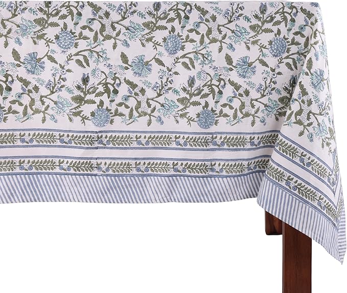 ATOSII Mahoka Blue 100% Cotton Rectangle Spring Tablecloth, Handblock Floral Linen Table Cloth for Kitchen Dining Table I Parties Weddings Outdoors Easter Home Decor 72 X 140 Inches I 12 Seater