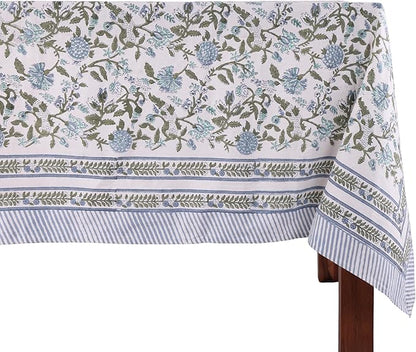 ATOSII Mahoka Blue 100% Cotton Rectangle Spring Tablecloth, Handblock Floral Linen Table Cloth for Kitchen Dining Table I Parties Weddings Outdoors Easter Home Decor 72 X 140 Inches I 12 Seater