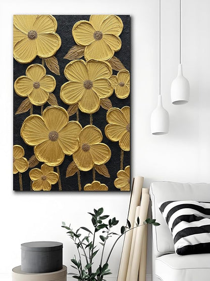 moshinart 24 x 36in Hand-Painted Oil Painting 3D Texture Black White Grey Modern Minimalist Black Abstract Wall Art, Home Office Wall Decoration Gold Petal