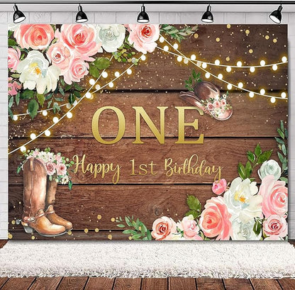 SVBright Cowgirl First Birthday Backdrop 8Wx6H Western Rustic Country Retro Wooden Plank Pink Flower Wood Hat Happy Birthday Baby Shower Decorations Photography Background Banner Photo Booth Studio
