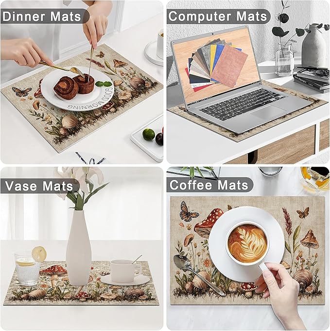 Rustic Mushroom Placemats Set of 6 Washable Table Mats Vintage Botanical Leaf Heat-Resistant Cotton Linen Place Mats for Dining Table Kitchen Indoor Outdoor Party Holiday Decor