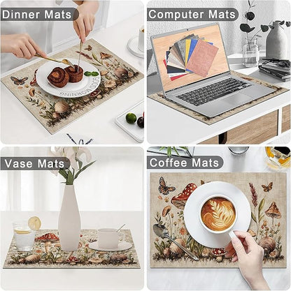 Rustic Mushroom Placemats Set of 4 Washable Table Mats Vintage Botanical Leaf Heat-Resistant Cotton Linen Place Mats for Dining Table Kitchen Indoor Outdoor Party Holiday Decor