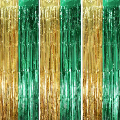 3 Pack 3.3 x 8.2 ft Green and Gold Foil Fringe Backdrop Curtains, Tinsel Streamers Party Decorations, Fringe Backdrop, Door Shimmer for Graduation or Birthday Party