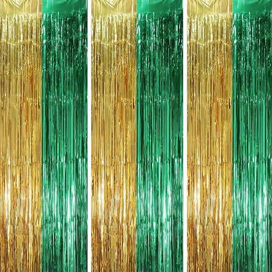 3 Pack 3.3 x 8.2 ft Green and Gold Foil Fringe Backdrop Curtains, Tinsel Streamers Party Decorations, Fringe Backdrop, Door Shimmer for Graduation or Birthday Party