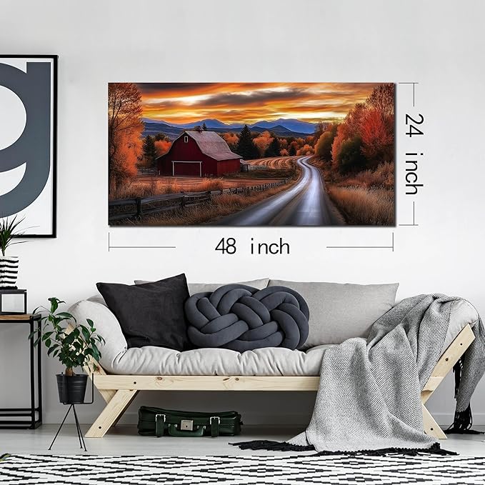 JuhaiArt Fall Wall Decor Red Barn Landscape Wall Art Natural Picture Sunset Scenery Canvas Decor for Living Room Bedroom Rustic Poster 24" x 48"