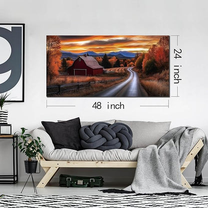 JuhaiArt Fall Wall Decor Red Barn Landscape Wall Art Natural Picture Sunset Scenery Canvas Decor for Living Room Bedroom Rustic Poster 24" x 48"
