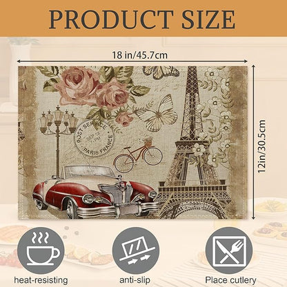 Eiffel Tower in Paris Placemats Set of 6,Washable Heat Resistant 12×18 Inch Linen Table Mats Vintage Place Mats for Party Outdoor Dining Décor