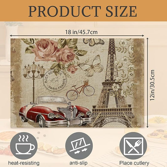Eiffel Tower in Paris Placemats Set of 6,Washable Heat Resistant 12×18 Inch Linen Table Mats Vintage Place Mats for Party Outdoor Dining Décor
