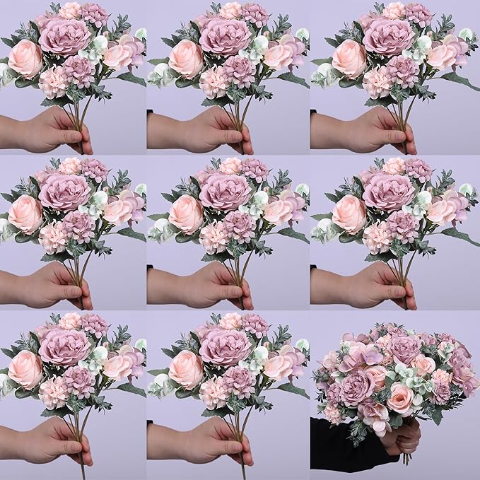 8 Pack Artificial Peony Flowers, Silk Peonies Flowers Fake Peonies Artificial Flowers Peonies Hydrangea Bouquet for Centerpiece Table Wedding Party Home Decor (8, Purple + Pink)
