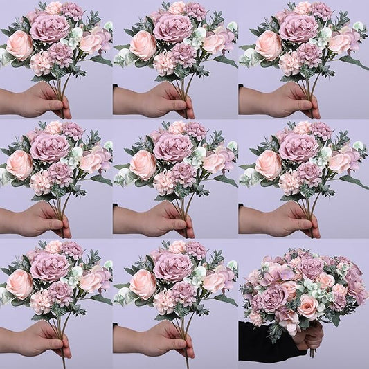 8 Pack Artificial Peony Flowers, Silk Peonies Flowers Fake Peonies Artificial Flowers Peonies Hydrangea Bouquet for Centerpiece Table Wedding Party Home Decor (8, Purple + Pink)