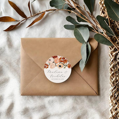 Personalized Floral Wedding Stickers with Your Choice of 30 Flower Styles - Choose Font and One of Five Pre-made Phrases or Add Custom Text (025 - Orange Flowers)