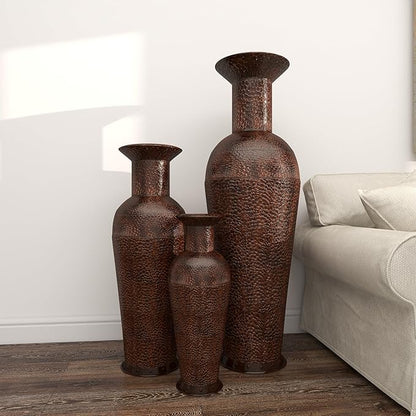 Deco 79 Metal Decorative Vase Indoor Outdoor Tall Floor Bottleneck Centerpiece Vases with Bubble Texture and Studs, Set of 3 Flower Vases for Home Decoration 50", 35", 26"H, Dark Brown