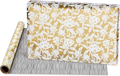 American Greetings 120 sq. ft. Reversible Flower Wrapping Paper Set for Birthdays, Weddings, Bridal Showers, Floral, Stripes and Polka Dots (4 Rolls, 30 in. x 12 ft. each)