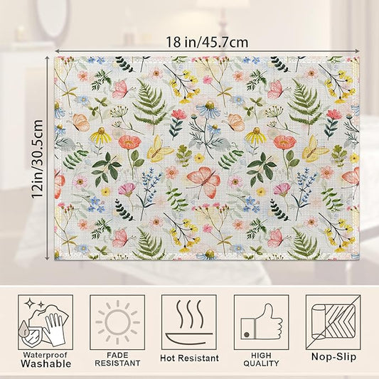 Cute Wildflower Placemats Set of 6,Herb Butterfly Floral Linen Washable Kitchen Dining Table Mats Heat Resistant Place Mats for Home Party Indoor Holiday 12x18 Inch