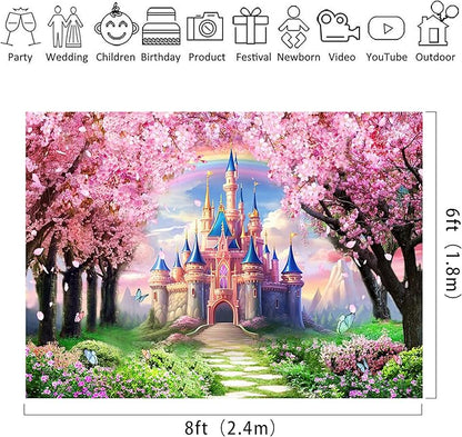 Riyidecor Princess Castle Backdrop Polyester Fabric Pink Sakura Rainbow Flowers Floral Fantasy Fairy Tale Wonderland 8Wx6H Feet Butterfly Photography Background Birthday Wedding Photo Studio Shoot