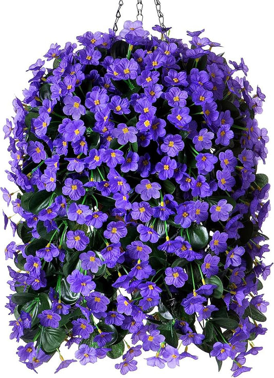 Artificial Fake Outdoor Hanging Flowers Plants Basket for Outside Porch Decoration, Fake Silk Purple Daisy Flower UV Resistant Look Real Orchid Traing Vines for Home Balcony Yard Patio Garden Decor