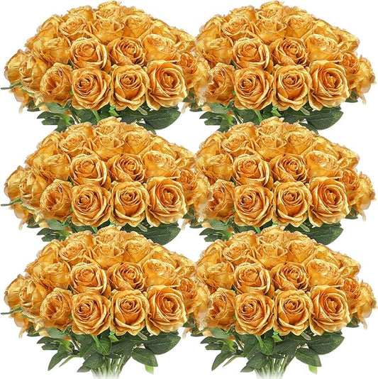Jexine 50 Pcs Artificial Rose Flower Bulk Realistic Silk Fake Roses with Long Stem Plastic Artificial Flower Bouquet Real Looking for Home Wedding Centerpieces Party Decoration(Gold)