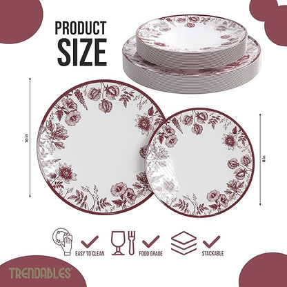 Trendables Plastic Plates For Party Supplies, Floral Disposable Plates For Party & Weddings 200 Pcs - 100 x 8 Dessert Plates & 100 x 10 Plastic Dinner Plates, Plate Set Disposable Dinnerware Sets