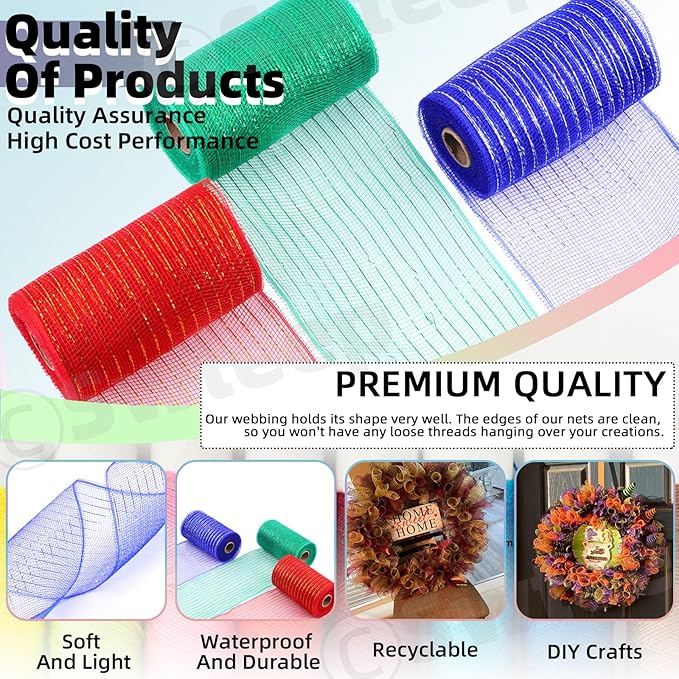 Swpeet 3 Rolls 6 Inches Mesh Ribbon Glitter Metallic Wrapping Ribbon Kit, Glitter Tulle Fabric Spool Ribbon Metallic Foil Mesh Ribbon for DIY Project Wreaths Party Decorations Wrapping Craft