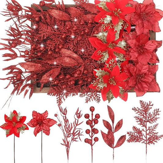 60 Pcs Christmas Glitter Branches 6 Styles Artificial Christmas Picks Berries Stems Poinsettia Flowers Pine Needles Floral Twig Spray for Xmas Tree Ornaments DIY Wreath Garland(Red)