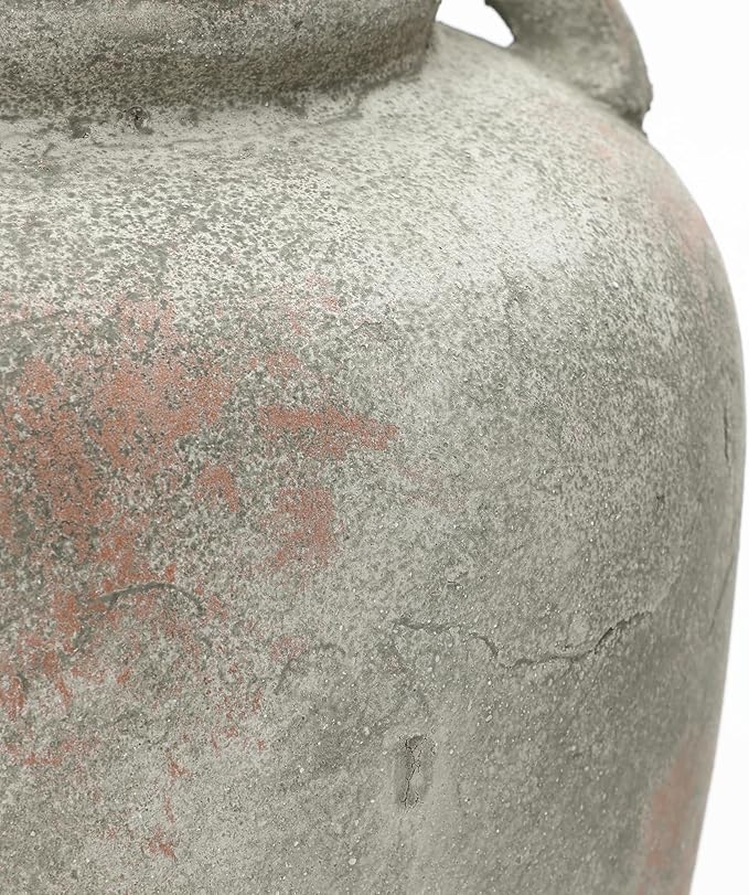 LuxenHome Rustic Ceramic Vase, 13.4" Tall Old-World Gray & Brown Round Terracotta Vases with Handles, Big Farmhouse Pottery for Dining Table Decor, Vintage Flower Vase for Living Room Home Decor