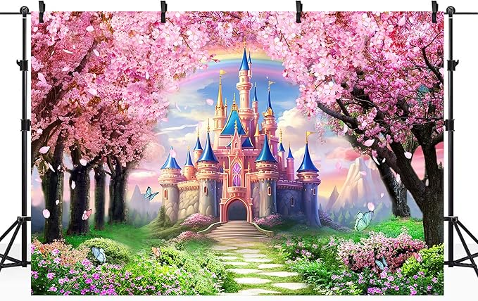 Riyidecor Princess Castle Backdrop Vinyl Pink Sakura Rainbow Flowers Floral Fantasy Fairy Tale Wonderland 10Wx8H Feet Butterfly Photography Background Birthday Wedding Party Photo Studio Shoot