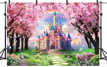 Riyidecor Princess Castle Backdrop Vinyl Pink Sakura Rainbow Flowers Floral Fantasy Fairy Tale Wonderland 10Wx8H Feet Butterfly Photography Background Birthday Wedding Party Photo Studio Shoot