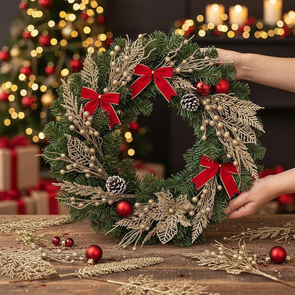 30 Pcs Artificial Christmas Tree Picks and Sprays Glitter Berry Stem Branches Holly Floral Picks Twigs Christmas Tree Ornaments for DIY Xmas Wreath Vase Filler Decorations(Champagne)