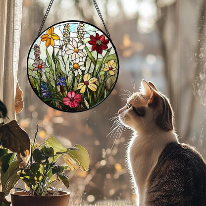 Stained Glass Window Hanging, Colorful Wildflowers Plant Scenery Suncatcher for Doors Window Home White Green Sun Catchers Decor Mother's Day Birthday Gifts for Women, Men Mom 6.3 in