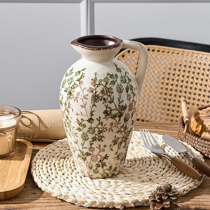 Green and Beige Antique Vase, 8.9 Inch Vintage Chinoiserie Floral Vase, Rustic Ceramic Vase for Home Decor, Living Room, Bookshelf, Office, Entryway, Garden, Chinoiserie Decor, Tuscan Decor