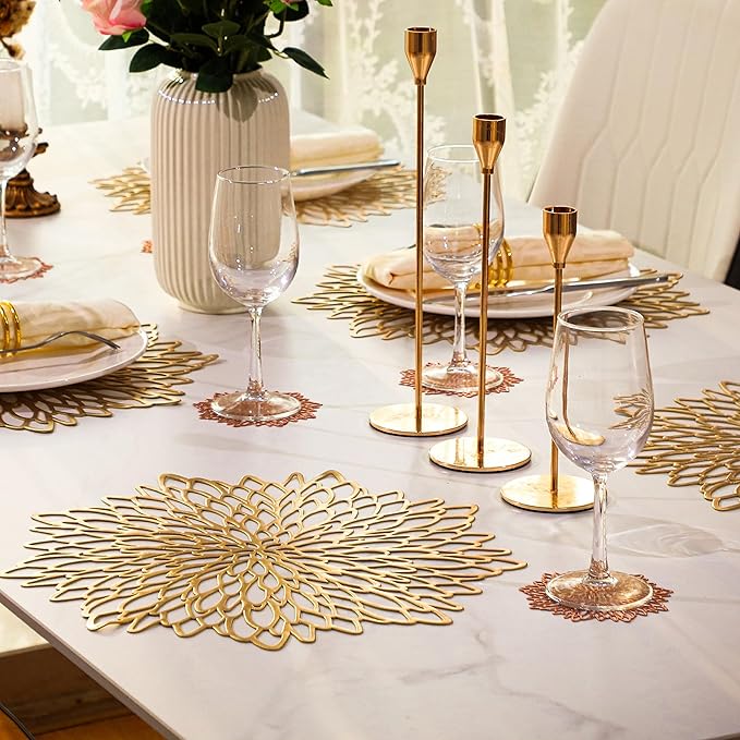 Snowkingdom Pack of 18 Gold Metallic Round Placemats Bulk Pressed Vinyl Leaf Dinning Kitchen Table Mats Decorations Setting for Christmas Wedding Thanksgiving Party Event Holiday Autumn Harvest