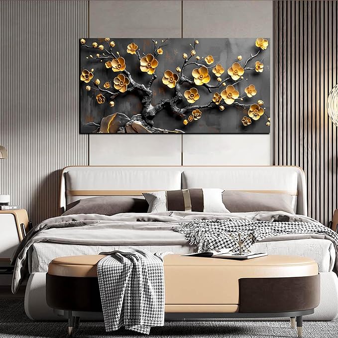 Large Canvas Wall Art for Living Room Bedroom Home Office Grey and Gold Metal Color Plum Blossom Picture Modern Canvas Prints Framed Wall Decor Size 29x59