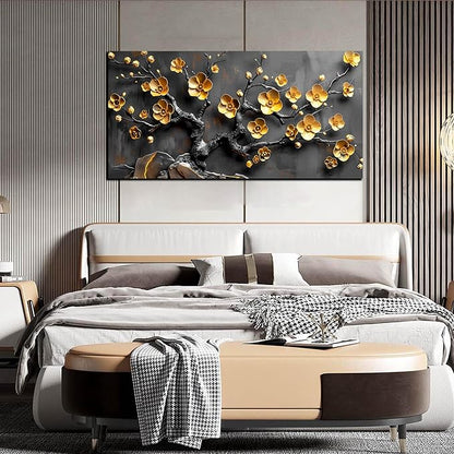 Large Canvas Wall Art for Living Room Bedroom Home Office Grey and Gold Metal Color Plum Blossom Picture Modern Canvas Prints Framed Wall Decor Size 29x59