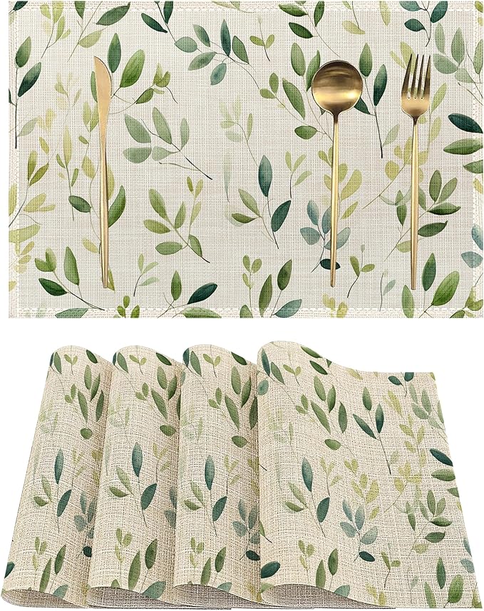 Placemats-Colorful Spring Leaves Linen Table Place Mats Set of 4 Non-Slip Heat Resistant Table Mats for Dining Kitchen Cabin Decor 12x18 Inch