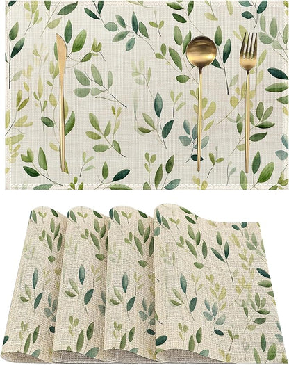 Placemats-Colorful Spring Leaves Linen Table Place Mats Set of 4 Non-Slip Heat Resistant Table Mats for Dining Kitchen Cabin Decor 12x18 Inch