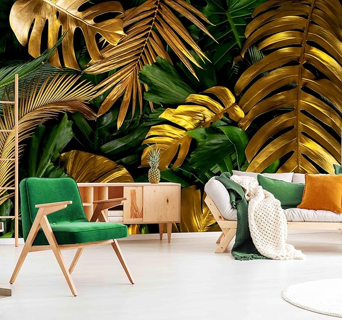 WFBHUA-Green and Gold Palm Leaf Wallpaper Peel and Stick Tropical Jungle Self Adhesive Wall Mural for Living Room Bedroom 82"x57"