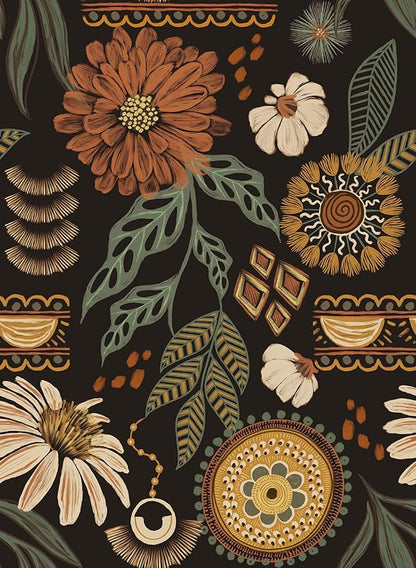 JiffDiff Boho Peel and Stick Wallpaper 17.3" x 120" Vintage Sun Floral Retro Removable Contact Paper Dark Botanical Flowers Bathroom Bedroom Renter Friendly Wall Mural