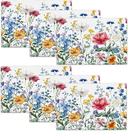 Poppy Floral Placemats Set of 6, Watercolor Wildflower Place Mats, Leaves Spring Dining Table Mats, Washable Flower Placemats for Kitchen Dining Room Home Decor 18L'' × 12W''