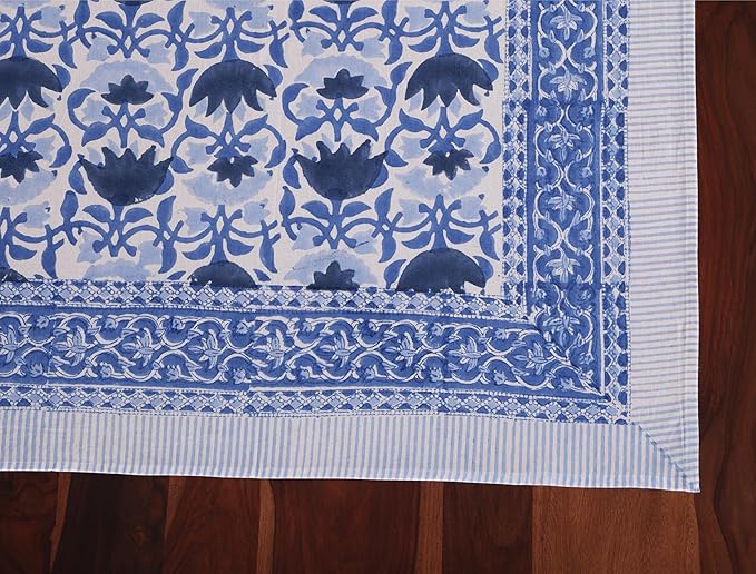 ATOSII Positano Blue 100% Cotton Rectangle Fall Tablecloth, Handblock Floral Linen Table Cloth for Kitchen Dining Table I Tabletop I Parties Wedding Christmas Thanksgiving I Fall Decor 60 X 90 Inches