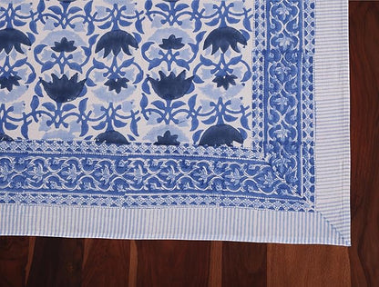 ATOSII Positano Blue 100% Cotton Rectangle Fall Tablecloth, Handblock Floral Linen Table Cloth for Kitchen Dining Table I Tabletop I Parties Wedding Christmas Thanksgiving I Fall Decor 60 X 90 Inches