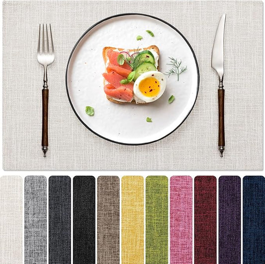 Blue Forest Placemats Set of 8, Dual-Layered Thickened Faux Linen Cloth Place Mats Heat Resistant Machine Washable Wrinkle Free Table Mats Indoor/Outdoor (Cream Beige)