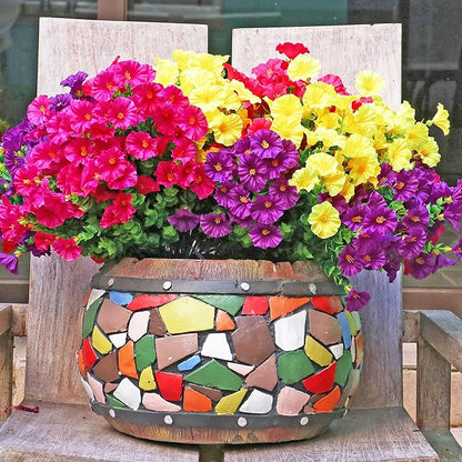 16PCS Artificial Fake Outdoor Flowers Plants, Faux Silk Realistic Morning Glory Floral Arrangement Planter UV Resistant for Porch Patio Window Box Balcony Garden Decor (Eucalyptus 4 Colors)