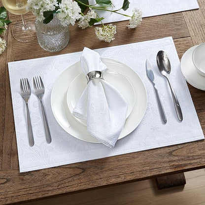 Elrene Home Fashions Caiden Elegance Damask Waterproof, Stain & Wrinkle Resistant Fabric Placemats (Set of 4), 13" x 19", White