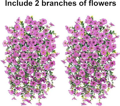 Artificial Faux Hanging Flowers Plants for Outdoor Decor, 2 PCS Outside Fake Silk Violets with Eucalyptus UV Resistant Realistic Daisy Trailing Vines for Planter Front Door Balcony Patio Yard, Purple