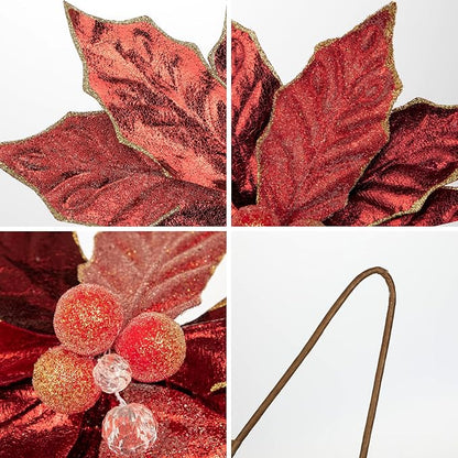 Hollyone 3PCS Poinsettia Christmas Flowers Artificial 11" Large Red Glitter Poinsettia Flowers Christmas Tree Ornaments Floral Picks for Tree Wreath Garland Vase Table Centerpiece Home Decor