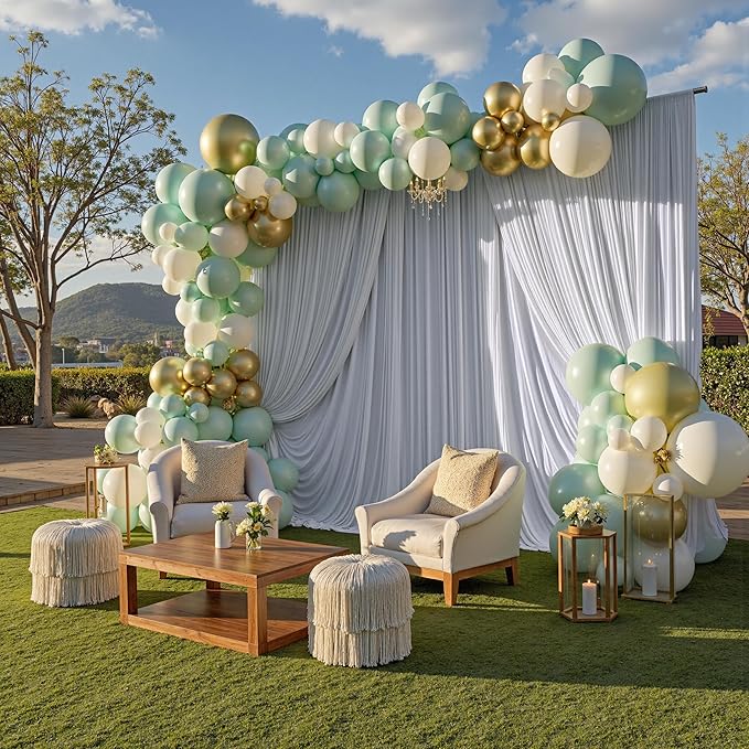 PartyVillage 30ft×15ft White Backdrop Curtain for Wedding Parties, 6 Panels Wrinkle Free 15 FT Long Polyester Photo Backdrop Drapes Back Drop Cloth for Birthday Photography Background
