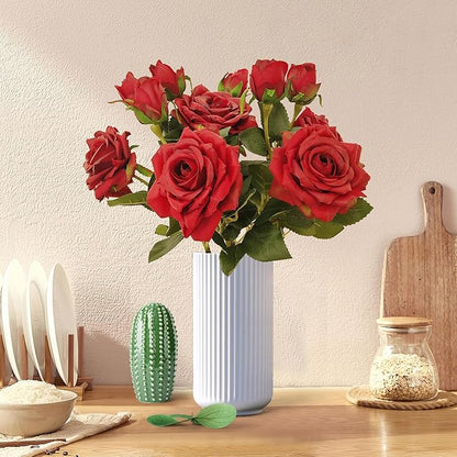 ATFL Fake Red Roses Flowers, 6 Pcs Faux Silk Real Touch Moisturizing Artificial Rose Flowers for Decoration DIY Wedding Party Home Office Decoration and Dining Table Centerpiece (6, red)
